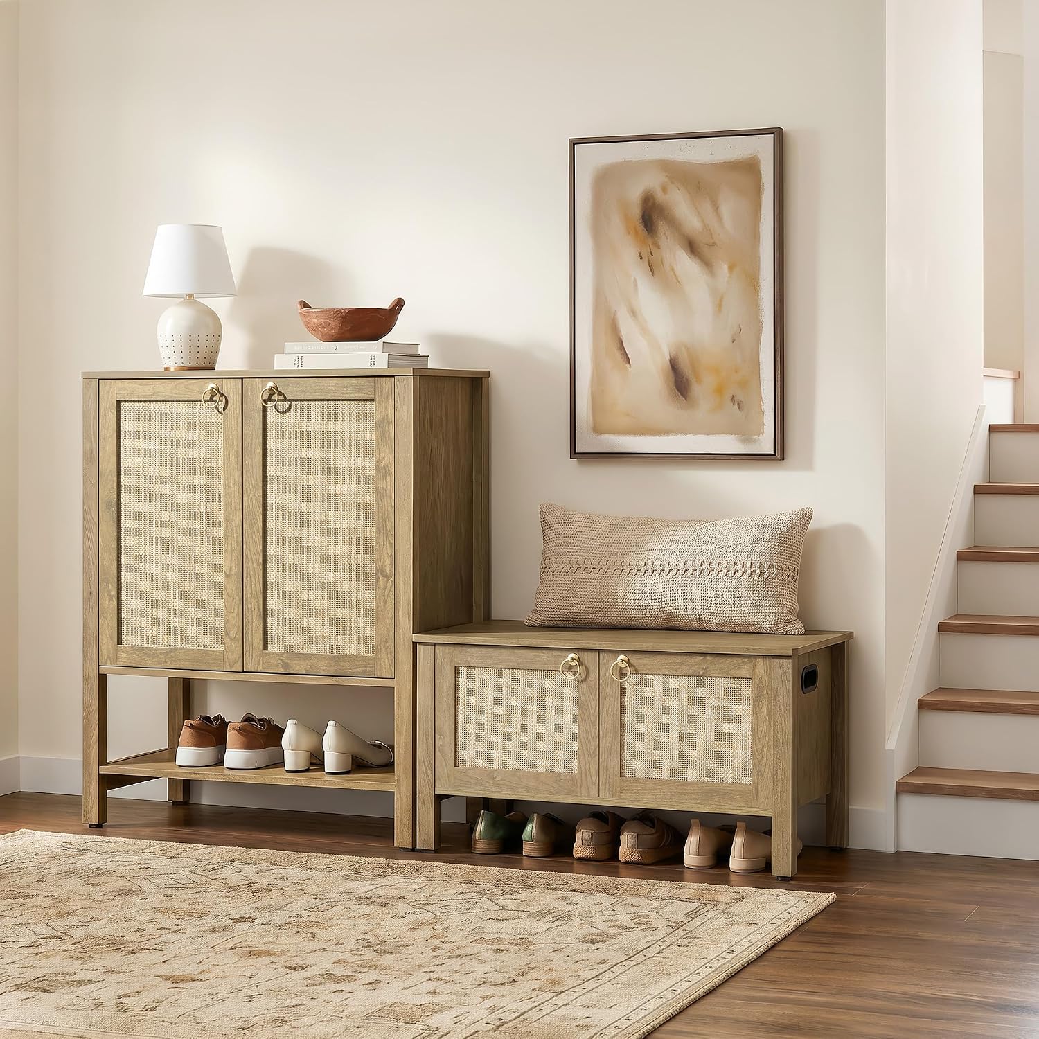SICOTAS Rattan Storage Bench Boho Storage Chest with 2 Safety Hinges | Wood Storage Truck Box for Bedroom, Living Room, Entryway, Supports 220 lb