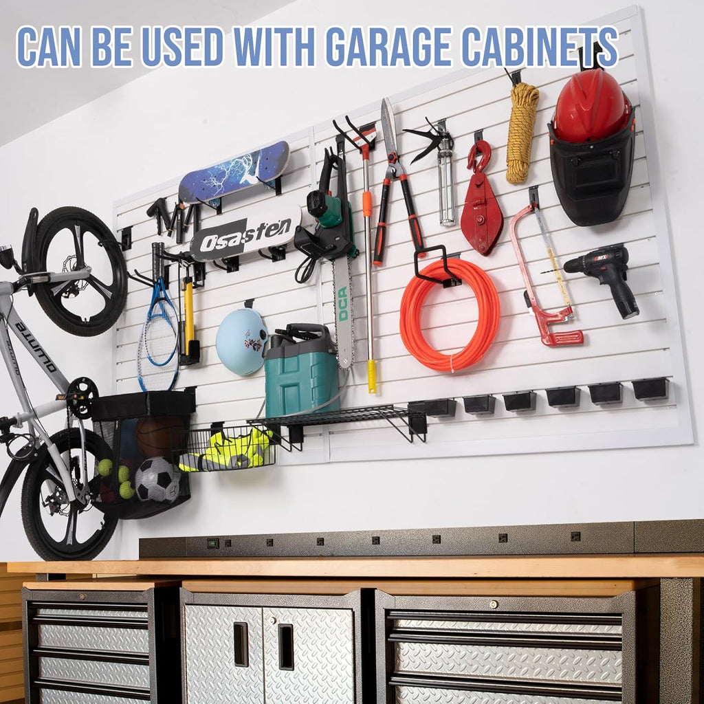 Slatwall Panels 4'x 2' Garage Slat Wall Storage Systems, Slat Wall Paneling Garage Wall Organizer, White Slat Board PVC Wall Panels Slatwall Displays Garage Tool Organizer Wall Mount Ladder Bike Rack