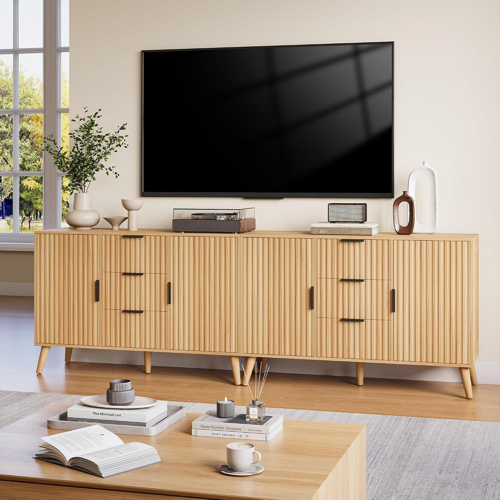 47.2" Fluted Sideboard Buffet Cabinet with 3 Drawers, Modern Sideboard Cabinet with Storage, Large Storage Cabinets with 2 Doors Accent Credenza for Kitchen|Living Room|Entryway, Natural