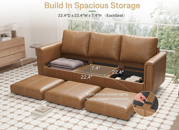 SITJOY 91" Faux Leather Modular Sectional Sofa with Storage, Mid Century Modern Sectional Couches for Living Room, Soft Padded Armrests, 3 Seater Couch, Brown