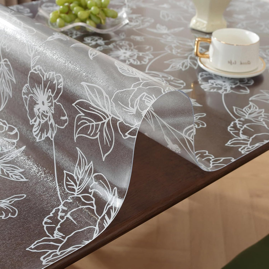 Warmstar Floral Table Protector 24 x 48 Inch, 1.5mm Thick Plastic Table Cover, Waterproof Dining Tabletop Protector Rectangle Vinyl Tablecloth PVC Desk Pad Mat for Kitchen, Wooden Table,Peony