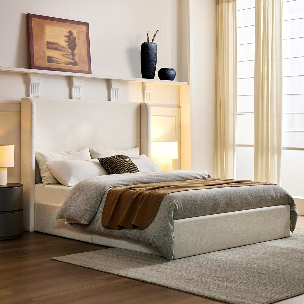 Queen 54" Tall Headboard Carmen Wingback Upholstered Platform Bed Frame ...