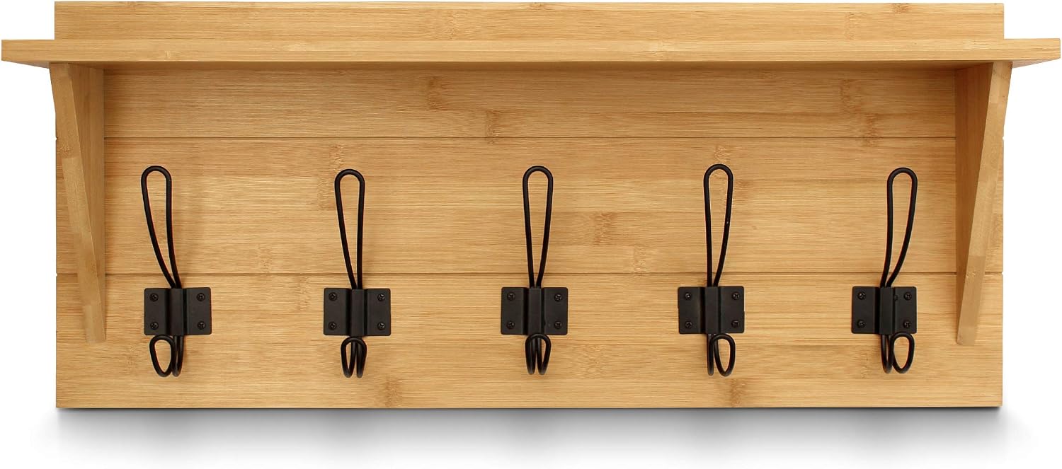 HBCY Creations Rustic Wall Mounted Coat Rack with Shelf - Solid Wood 24" Entryway Shelf with 5 Coat Hangers. Perfect Touch for Your Entryway, Mudroom, Kitchen, Bathroom and More, Bamboo