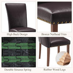 Stylish Dining Chairs Set of 6, Upholstered Parsons Dining Room Chair with Nailhead Trim, Kitchen Room Chair with Thick Cushions and Wood Legs, Nailhead Trim, Dark Brown Leather
