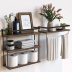 RICHER HOUSE 3+1 Tier Wall Mounted Floating Shelves Set of 2, Rustic Wood Wall Shelf with Metal Frame, Extra Storage Rack for Bathroom, Kitchen, Bedroom with Tissue Rack & Towel Bar - Rustic Brown