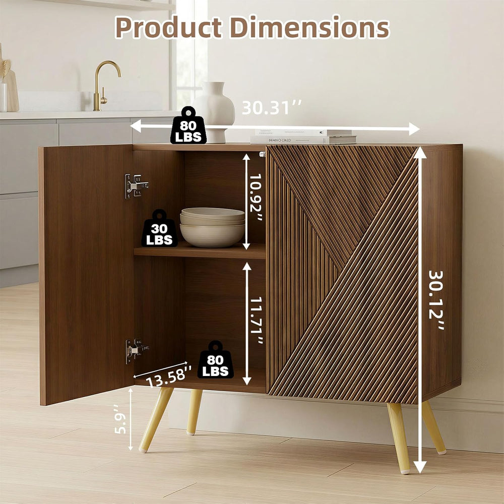 DHZ Fluted Sideboard Buffet Cabinet, 30” Wood Storage Credenza with Adjustabl...