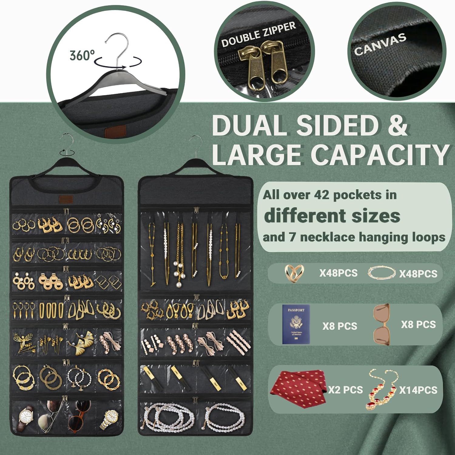 SMRITI Hanging Jewelry Organizer with Dual Zippered Pockets Canvas Double Sided Rotating Hanger Necklace Hanging Wall Organizer Earring Dustproof Holder Wall Mount Accessories Display Bag(Dark Grey)