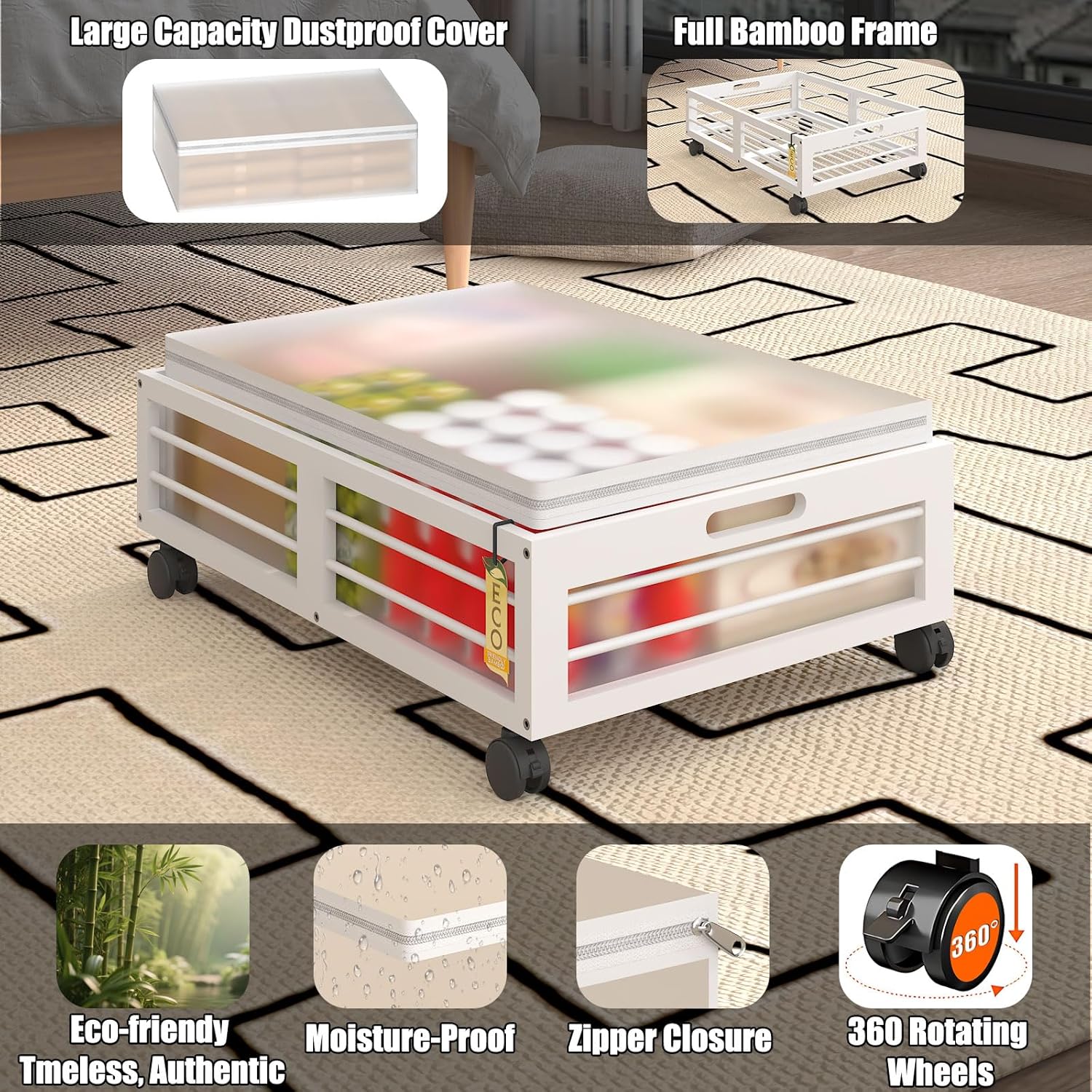 Under Bed Storage Containers with Wheels, Larger Bamboo Wood Under Furniture Storage Containers with Dust Bags，Rolling for Shoes Clothes