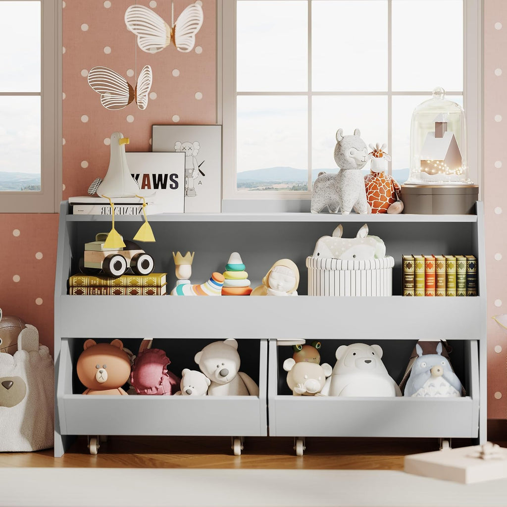 Toy Storage Organizer for Kids, Toy Storage Cabinet with Drawers, Boys and Girls Toy Shelf with Wheels, Toy Organizer Kids Bookshelf with Storage for Nursery, Playroom, Bedroom (Light Grey)