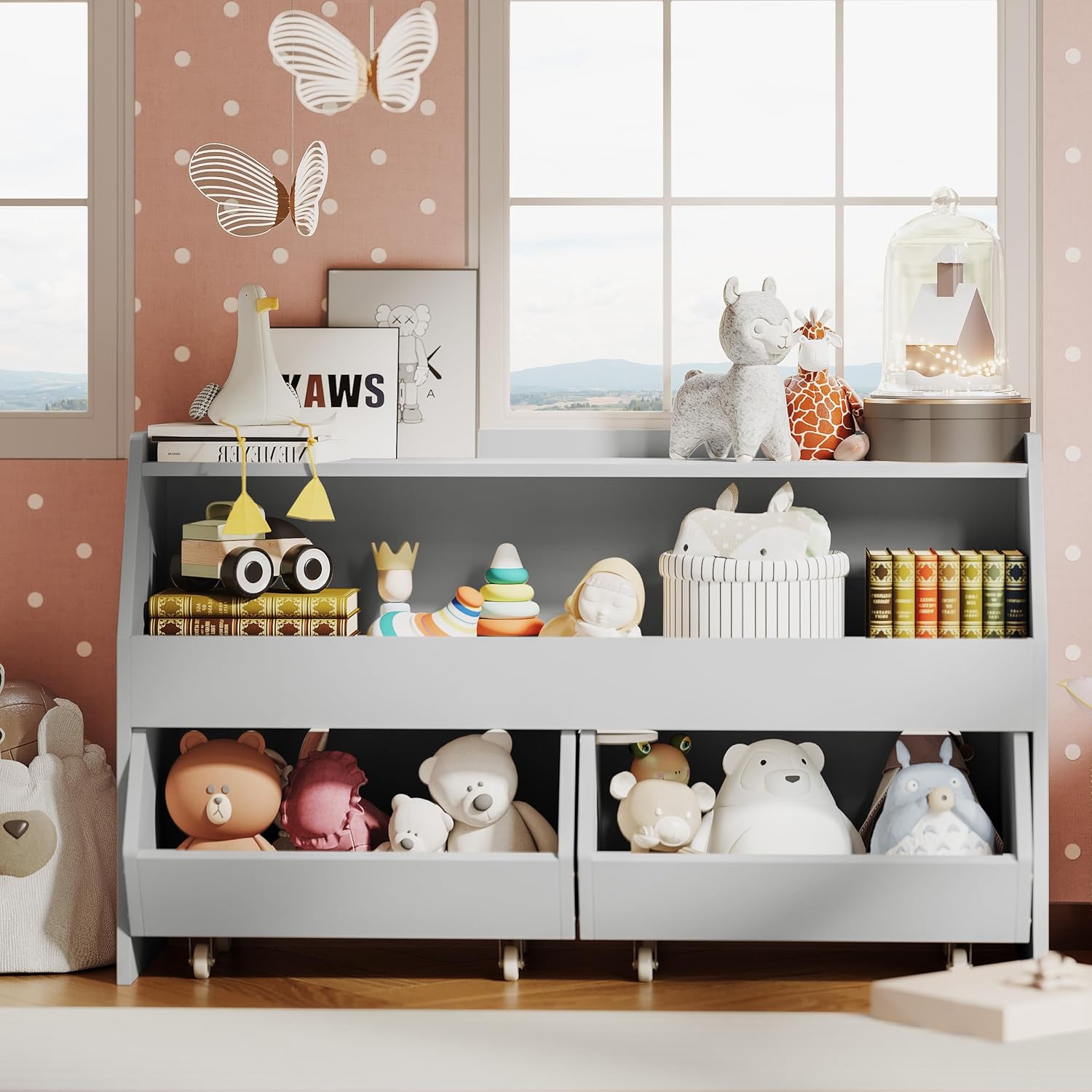 Toy Storage Organizer for Kids, Toy Storage Cabinet with Drawers, Boys and Girls Toy Shelf with Wheels, Toy Organizer Kids Bookshelf with Storage for Nursery, Playroom, Bedroom (Light Grey)
