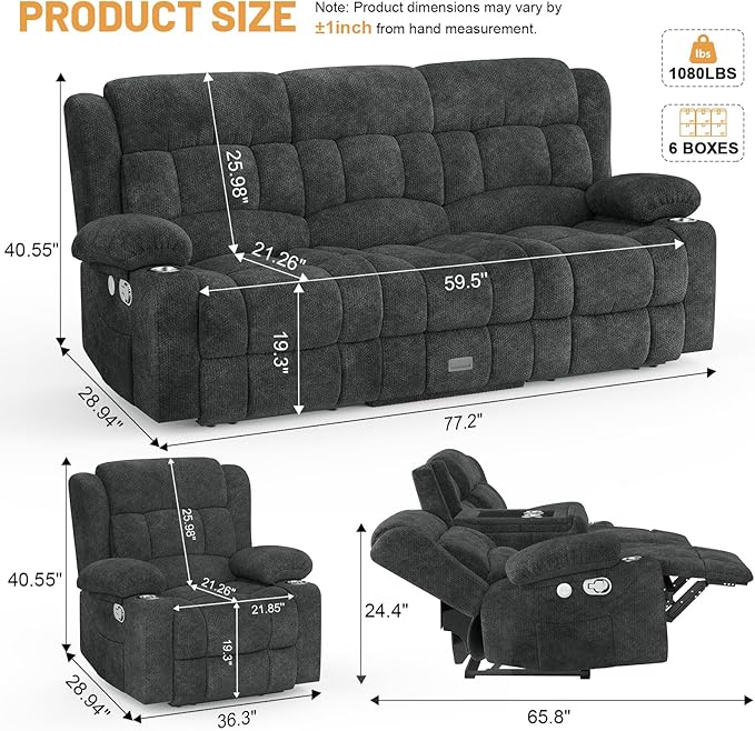 Loveseat Recliner Sofa Set, Flip Middle Backrest Design 3 Seater Reclining Sofa and Single Oversized Recliner Chair, Manual Couches for Living Room/RV (Gray, 3+1)