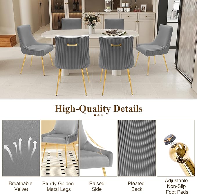 Velvet Dining Chairs Set of 4, Modern Upholstered Kitchen Chair with Pull Handle & Pleated Back, Mid Century Accent Chair with Gold Metal Legs for Vanity,Dining,Kitchen,Living Room, Grey