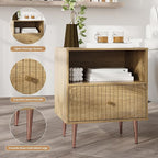 Wood Night Stand Set 2,Modern Bedside Table with Door and Open Storage,Fluted Nightstand and Wood End Side Table with Rose Gold Metal Legs and Handles for Bedroom,Living Room,Natural