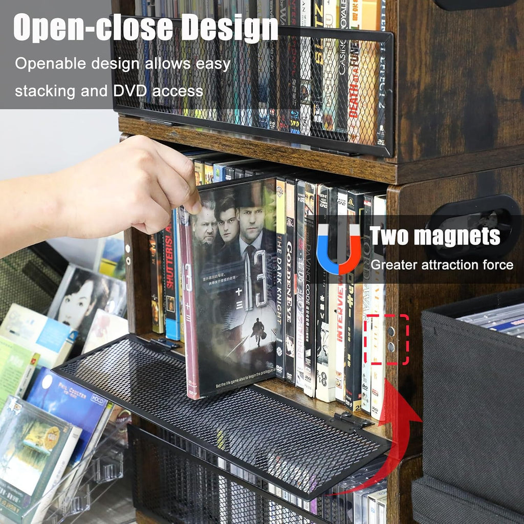 DVD Storage Box, 2 Pack Holds 56 DVDs 64 Blu ray, Stackable Media Organizer with Magnetic Door for CD, Video Game Cases, Shelf Organizer