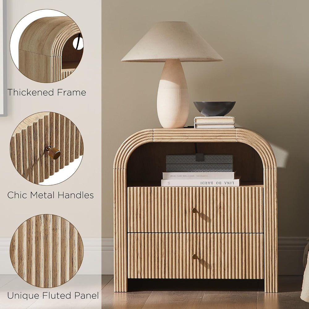T4TREAM 24" Fluted Nightstand Set of 2 with Charging Station, Natural Oa...