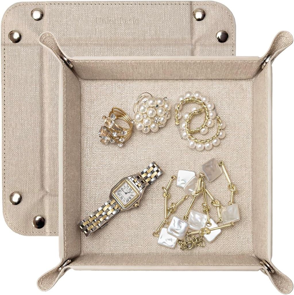 UnionBasic Small Valet Tray, Jewelry Tray for Rings Watches Earrings, Entryway Catchall Caddy for Coins Keys Change, Nightstand Bedside Valet Holder, Trays for Electronic Gadgets, Beige