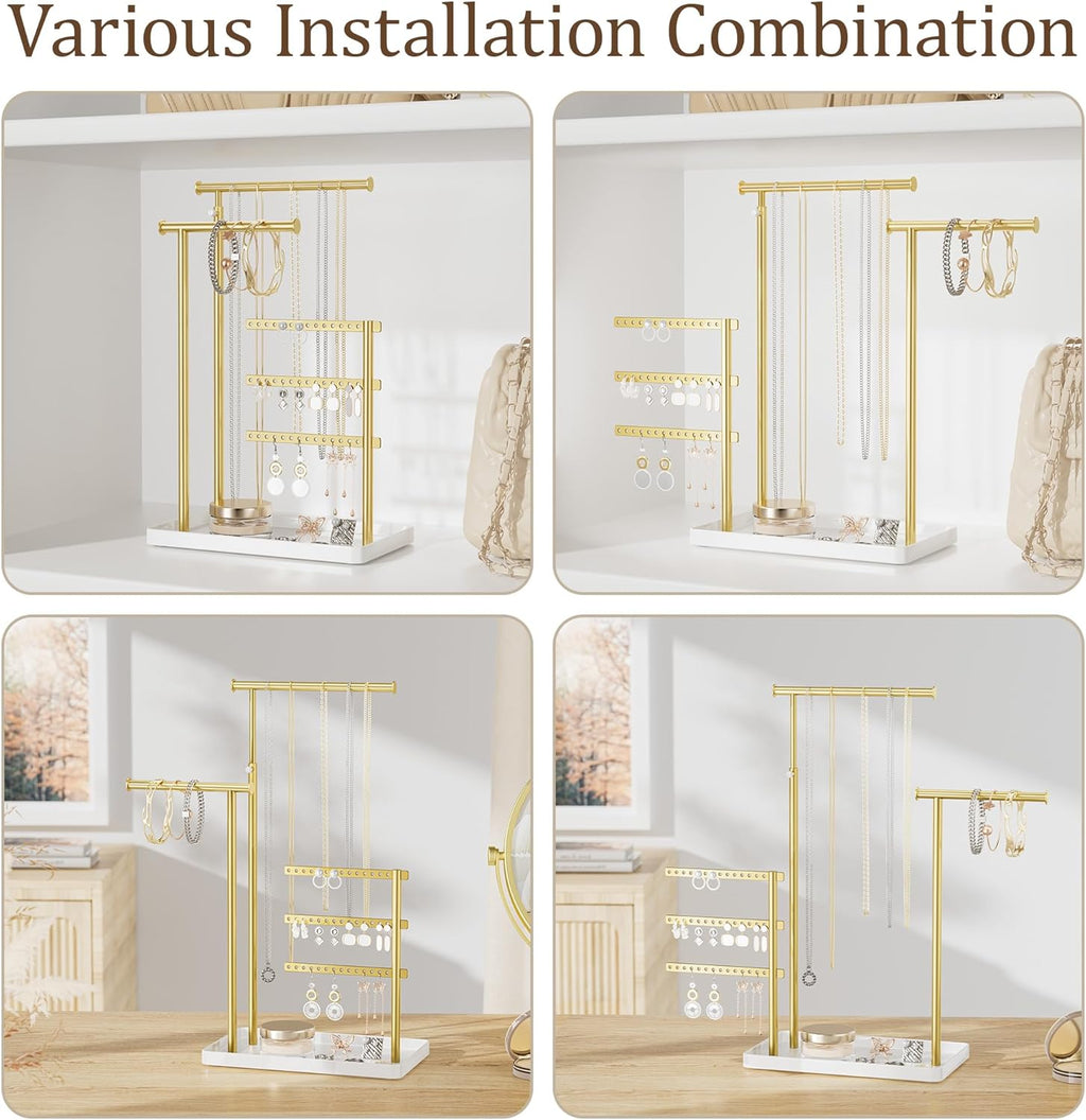 Jewelry Holder Organizer Stand - Adjustable Tall 17.5" (Max), Sturdy Jewelry Hanger for Necklaces, Earrings, Bracelets, Rings, Jewlery Display and Storage, Gold and White, Metal