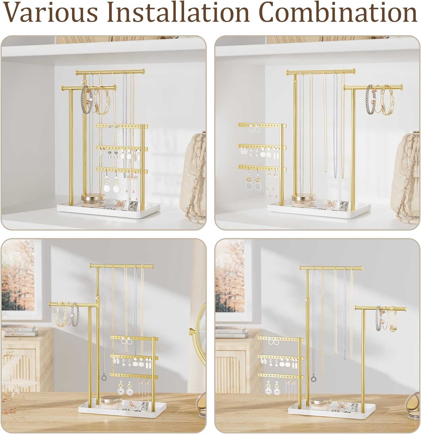 Jewelry Holder Organizer Stand - Adjustable Tall 17.5" (Max), Sturdy Jewelry Hanger for Necklaces, Earrings, Bracelets, Rings, Jewlery Display and Storage, Gold and White, Metal