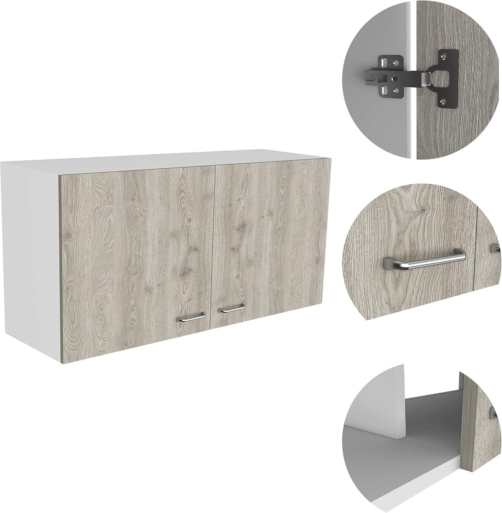 White and Light Grey 2-Door Wall Cabinet, 2-Compartment Kitchen Storage &...