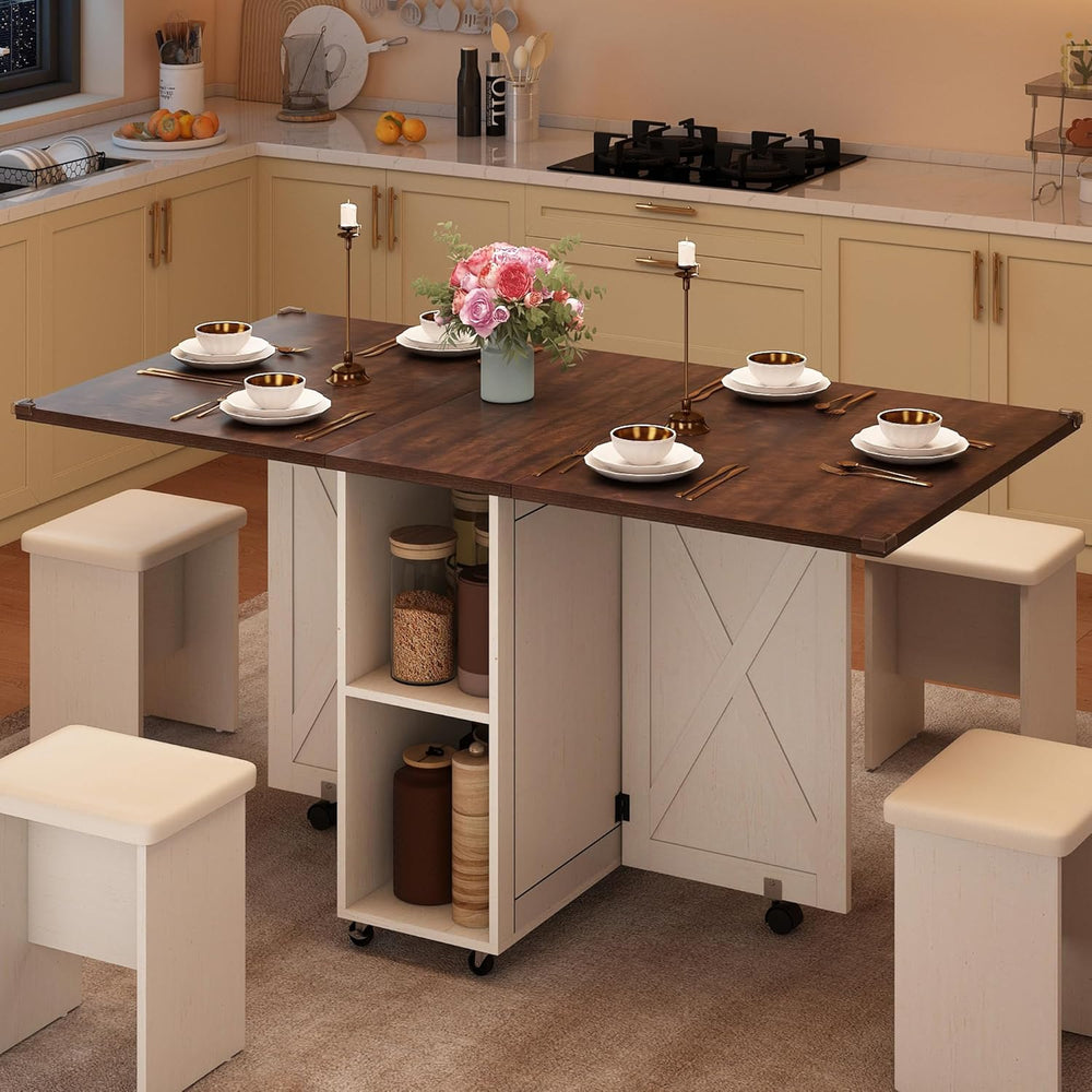 5 PCS Farmhouse Dining Table Set for 4,60" Large Folding Dining Table Se...