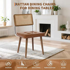 GarveeHome Natural Rattan Dining Chairs Set of 4, PU Upholstered Kitchen Chairs with Tall Cane Backrest and Strong Wood Legs for Dining Room, Kitchen, Restaurant, Brown