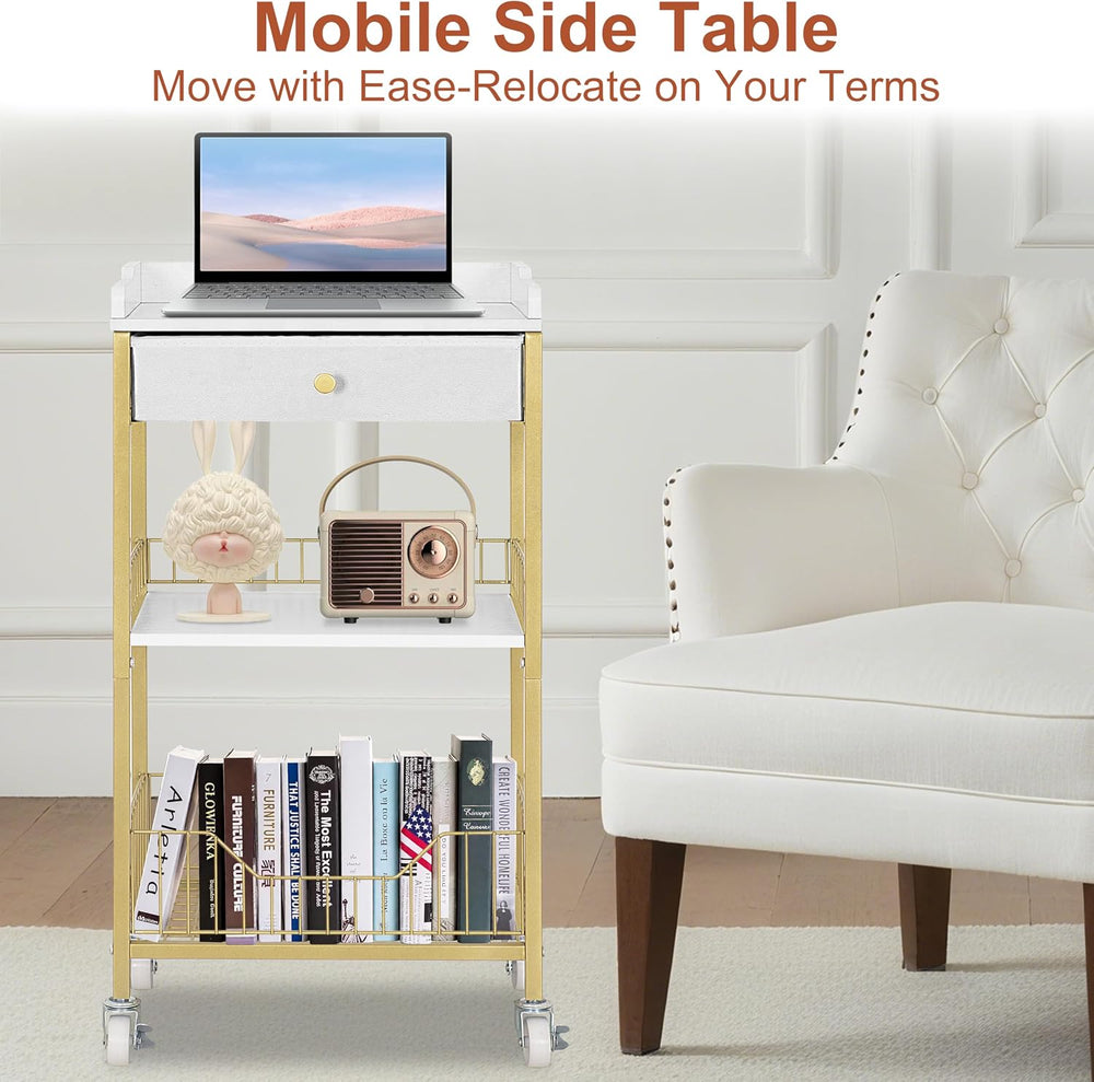 Gold & White Side Table with Storage Basket, Tall End Table with Drawer, ...