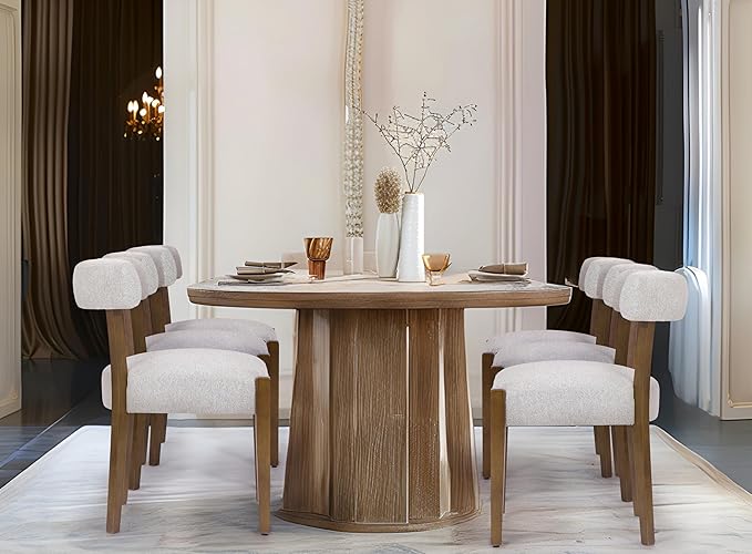 Modern Dining Chairs Set of 4, Walnut Upholstered Kitchen & Dining Room Chairs, Mid Century Modern Wooden Dining Chairs Oversized Sturdy Rounded Chairs Curved Back, Beige Fabric