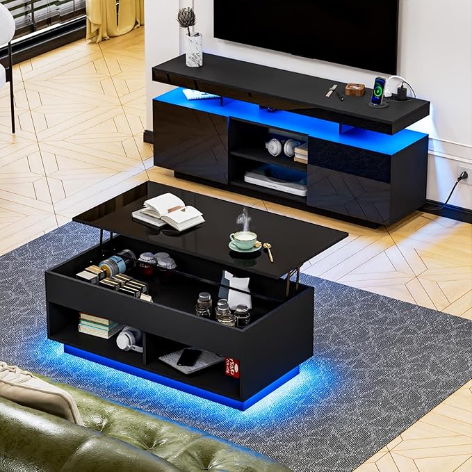 HOMMPA Modern LED TV Stand for 65/60/55 inch TV with Power Outlets - Gaming Console Storage Entertainment Center with LED Lights - Black