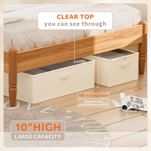 2 Pack Under Bed Storage Containers, 10 Inch Tall Underbed Clothes Storage Organizer Bin with Clear Window，Foldable Box Basket for Clothes, Closet, Bed Sheets and Blankets Beige