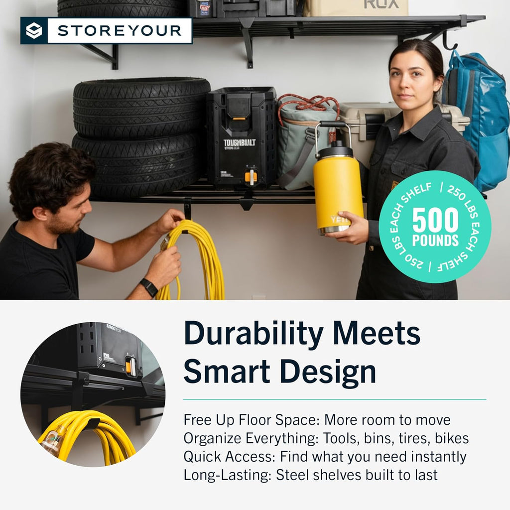 StoreYourBoard Heavy Duty Garage Shelf Wall Mount 2ft x 6ft – Wall-Mounted Shelving for Storage & Organization – Heavy Duty Garage Shelves for Tools, Bins, & Equipment – Holds 500 lbs - Black