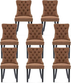 Linen Upholstered Dining Chairs Set of 8, Modern Style Kitchen Side Chairs with Nailhead Trim and Wood Leg, Metal Pulling Ring for Dining Room Living Room(Coffee,Set of 8)