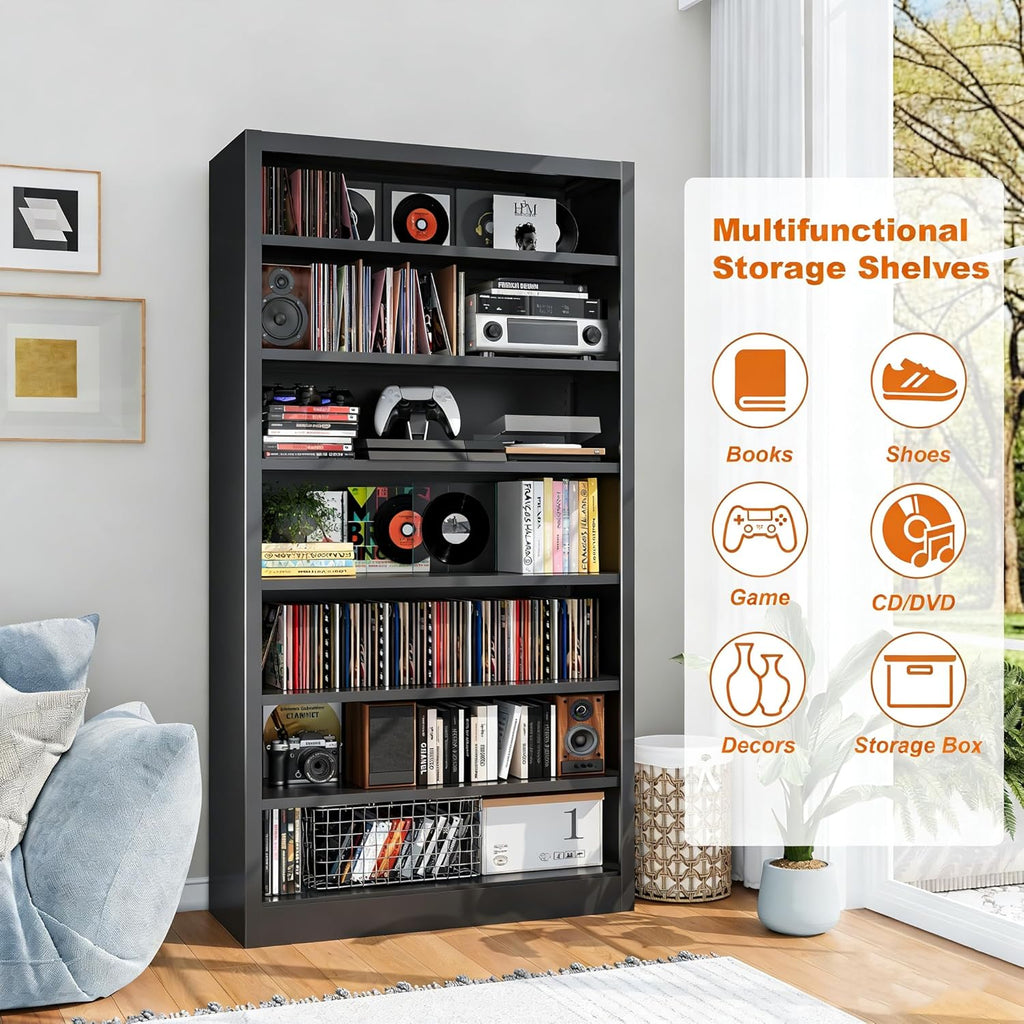 Metal DVD Storage Shelves, 7-Tier CD Storage Rack with Adjustable Shelves, DVD Organizer Shelf, Media Cabinet for CD Holder, Movies, Blu rays, Games for Living Room & Home Office (Black)