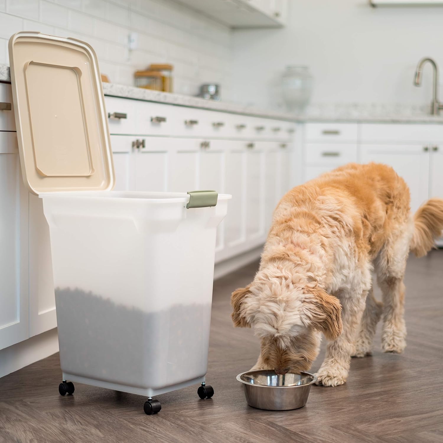 IRIS USA Airtight Dog Food Storage Container, WeatherPro, Up to 40 lbs, Removable Wheels, for Dog Cat Bird and Other Pet Food Storage Bin, Keep Fresh, Translucent Body, Made in USA, Pearl/Almond