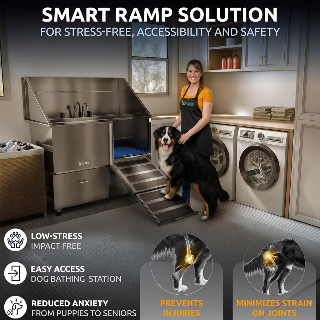 KANIS Professional Dog Washing Station - 304 Stainless Steel Pet Wash Sink & Grooming Bathtub w/Shower, Floor Grates and Storage for Large, Medium & Small Pets (50", 2 Drawers - Right Ramp)