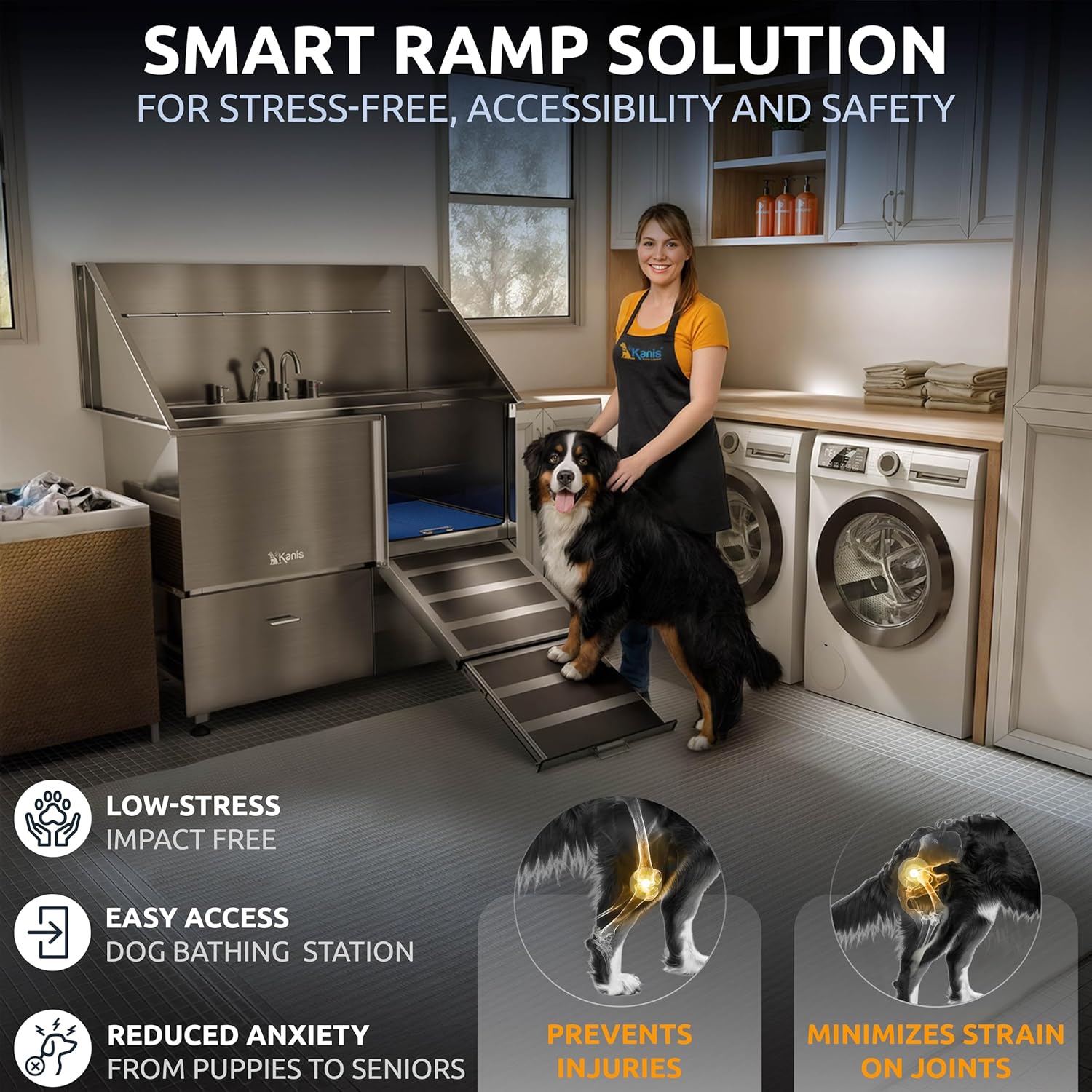 KANIS Professional Dog Washing Station - 304 Stainless Steel Pet Wash Sink & Grooming Bathtub w/Shower, Floor Grates and Storage for Large, Medium & Small Pets (50", 2 Drawers - Right Ramp)