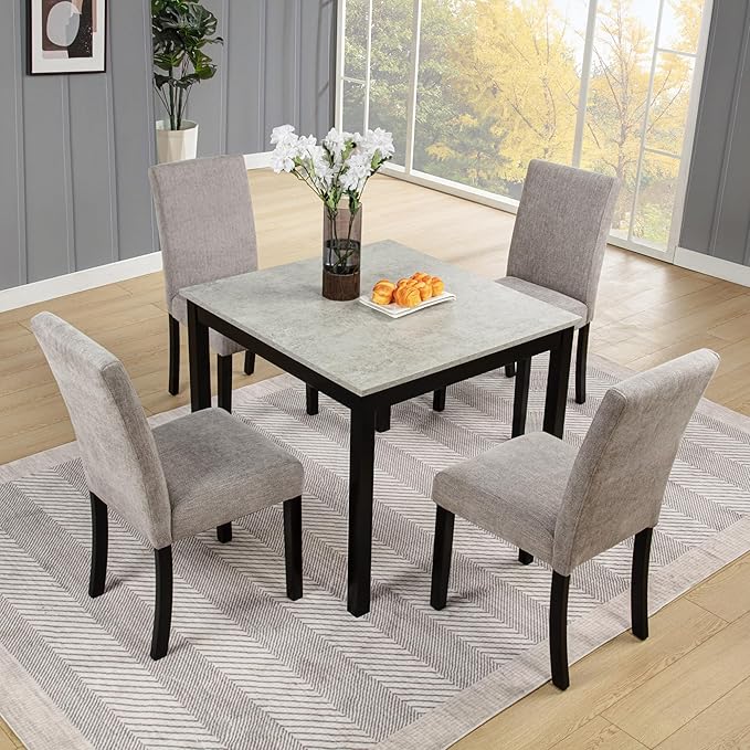 KEIKI 5-Piece Standard Height Dining Table Set with Square Table and 4 Upholstered Curved Backrset Chair, for 4 Person, Modern Wooden Table Set, Easy Assembly, for Kitchen, Dining Room, Black+Grey