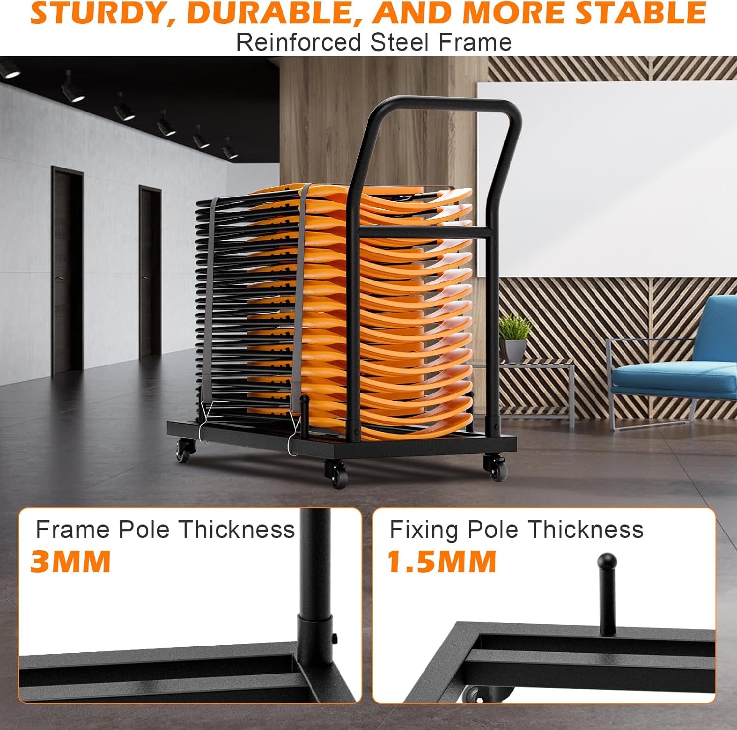 Heavy-Duty Folding Chair Rack Storage Cart - Holds 25-28 Chairs, 300 LB Capacity with Locking Wheels & Space-Saving Vertical Design, Matte Black