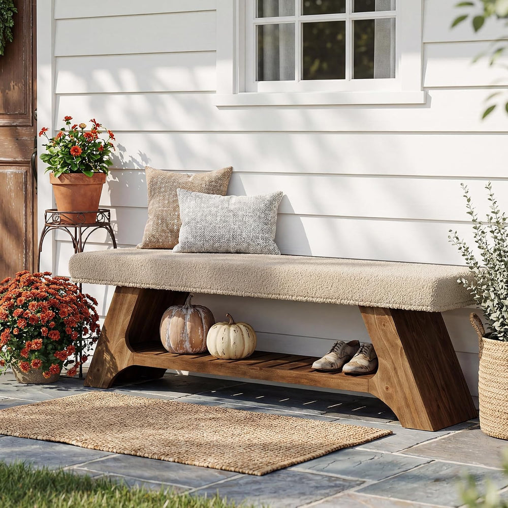Tribesigns 55" Solid Wood Bench with Cushion and Shoe Storage, 2-Tier Up...