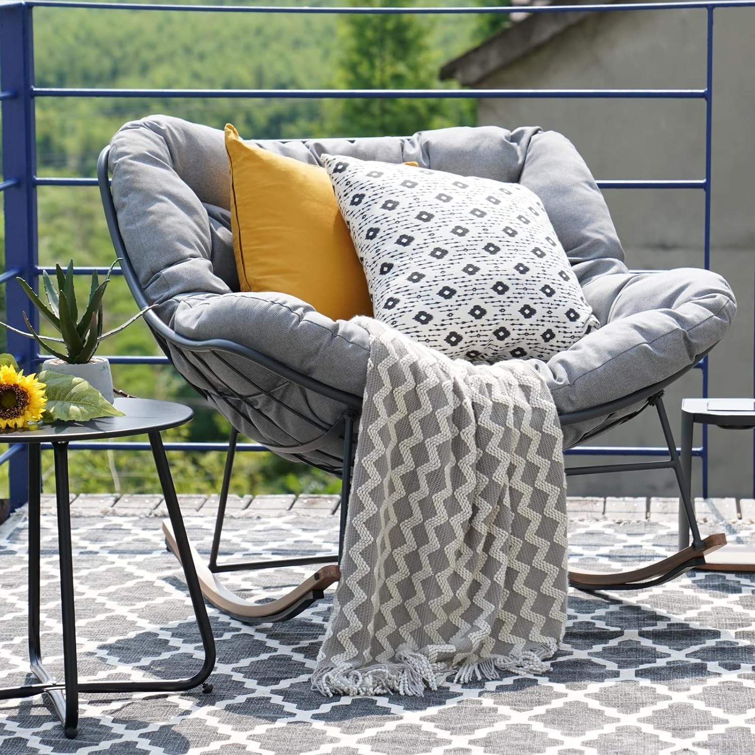Grand patio Outdoor Rocking Chair, Oversized Papasan Rocking Chair with Thick Cushion, Indoor Outdoor Cozy Rocker for Balcony, Living Room, Patio, Gray