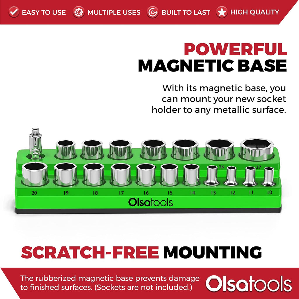 Olsa Tools Magnetic Socket Holder | 1/2-inch Drive | Metric | Green | Holds 19 Sockets | Professional Quality Tools Organizer