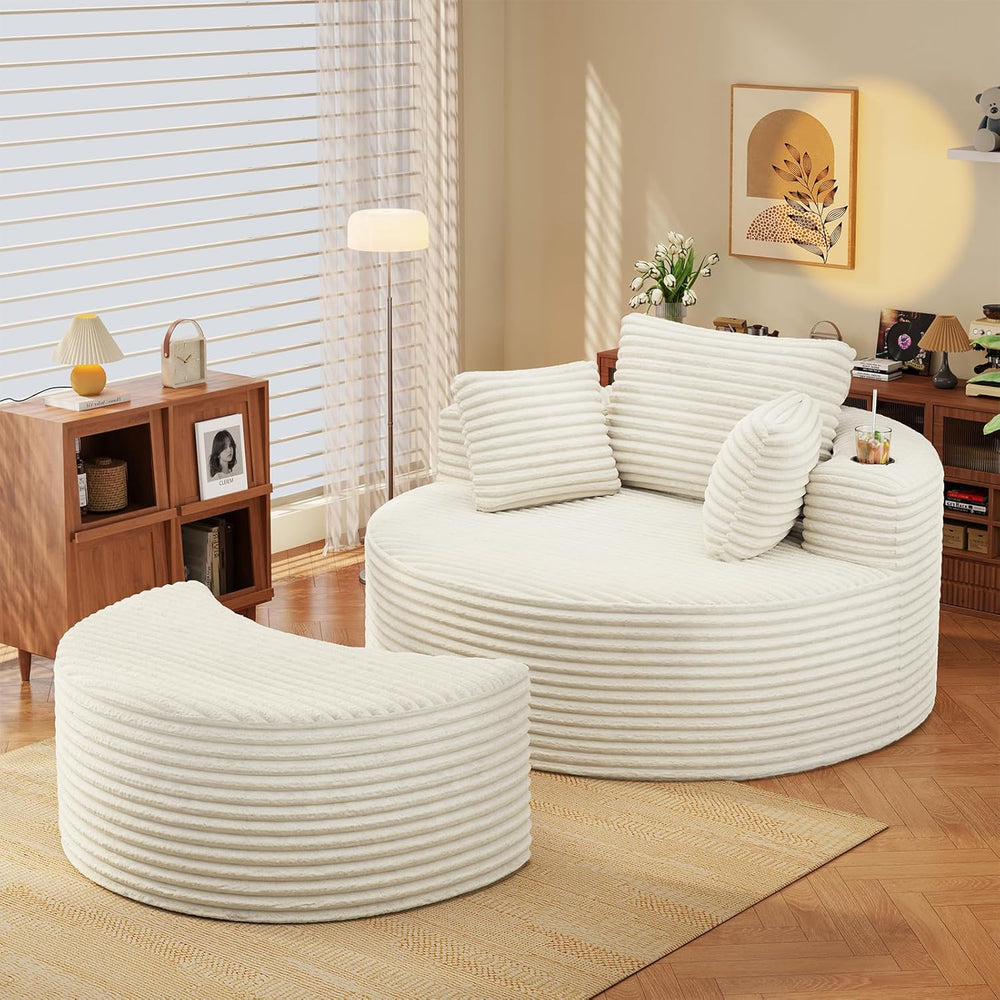 Round Chaise Lounge with Ottoman, Cloud Corduroy Curved Reading Lounge Sofa C...