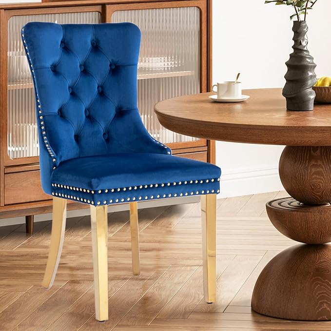 Velvet Upholstered Dining Chairs Set of 2, Modern Style Kitchen Side Chairs with Nailhead Trim and Gold Plated Leg, Metal Pulling Ring for Dining Room Living Room（Blue-Gold Plated Leg）