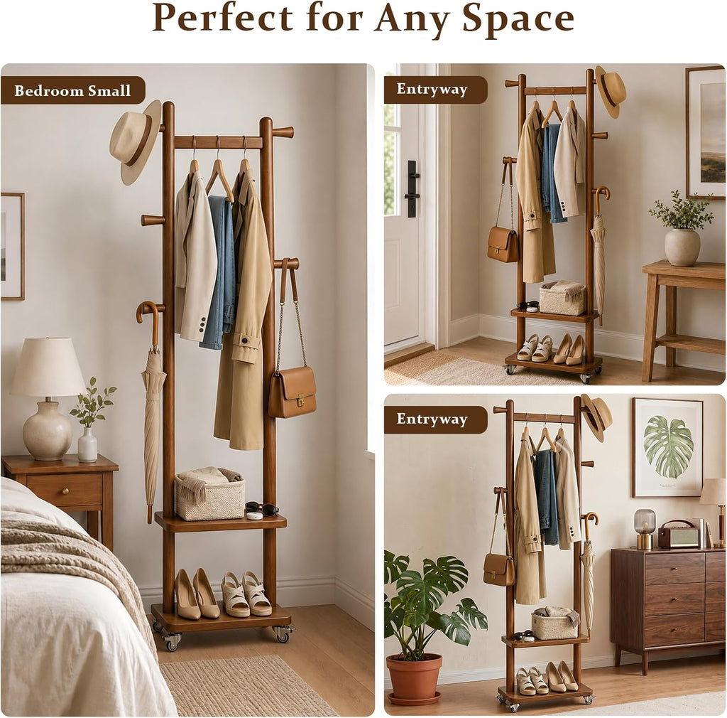 Solid Wood Coat Rack Freestanding Clothing Rack with Wheels & 2 Shelves Storage & 5 Hooks Heavy Duty Clothes Rack Wood Coat Tree Stand Hat Hanger Rack for Corner Bedroom Entryway Living Room Hotel