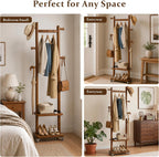 Solid Wood Coat Rack Freestanding Clothing Rack with Wheels & 2 Shelves Storage & 5 Hooks Heavy Duty Clothes Rack Wood Coat Tree Stand Hat Hanger Rack for Corner Bedroom Entryway Living Room Hotel