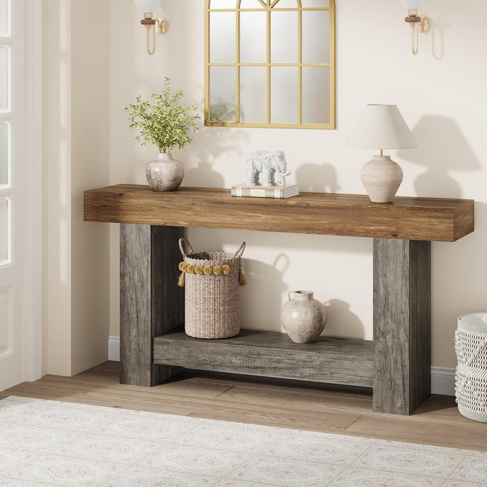 Garvee 63" Farmhouse 2-Tier Console Table for Entryway, Brown and Grey |...