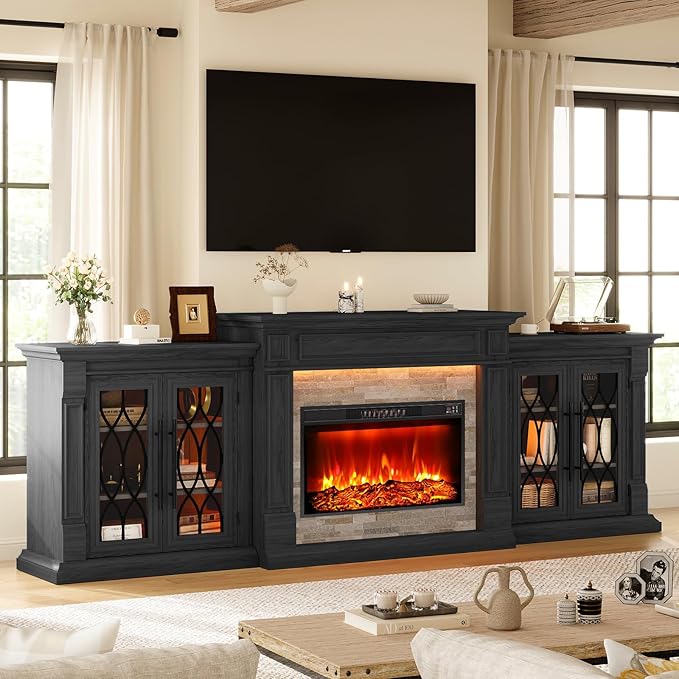 Naice 104" Fireplace TV Stand, Electric Fireplace Mantel with Large Cabinets Tempered Glass Doors, LED Light & Power Outlet, Media Entertainment Center with 30" Insert Heater for Living Room,Black