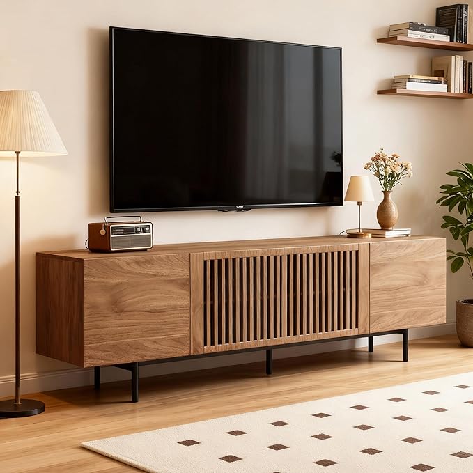 70.87" Mid-Century Modern TV Stand, Entertainment Center with 4 Storage Cabinets, Media Console Table for Living Room & Bedroom,Walnut