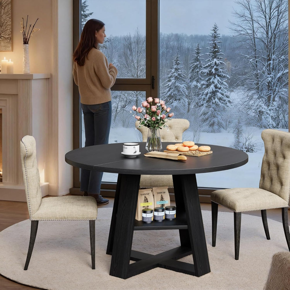 43 inch Round Dining Table for 4-6, Dining Table with Storage Shelf, Wood Gra...