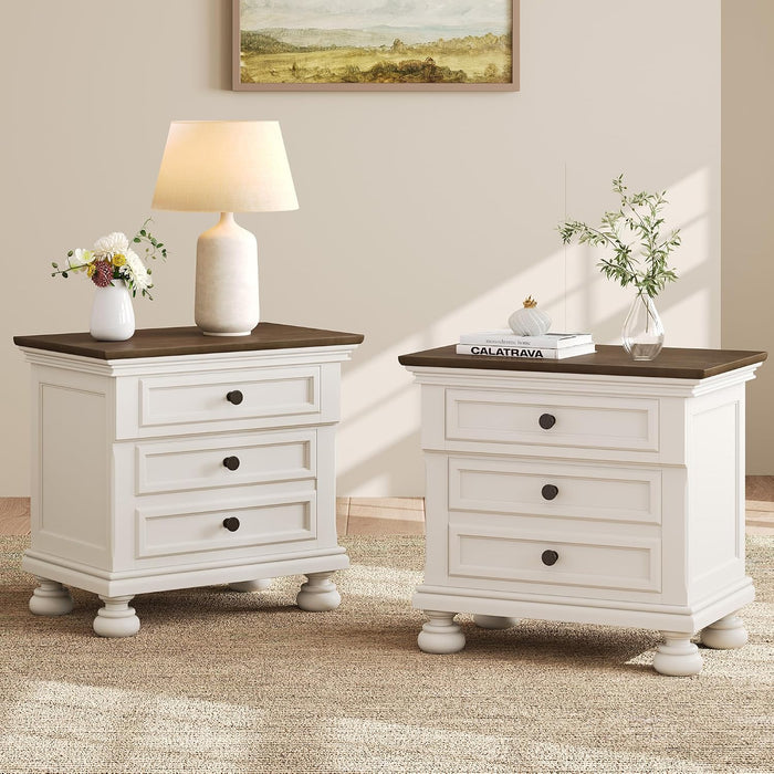 AMERLIFE Fully Assembled Nightstands Set of 2, Solid Wood End Tables | 26" Extra Large Beside Table with 2 Storage Drawers, Traditional Bedside Cabinet for Bedroom, White