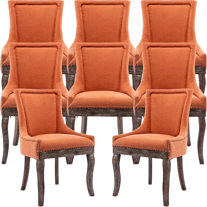 Dining Chairs Set of 8, Kitchen & Dining Room Chairs, Fabric Upholstered Dinning Chairs, Sillas De Comedor, Nailhead Trim, Wood Legs (Orange, 8 Pcs)